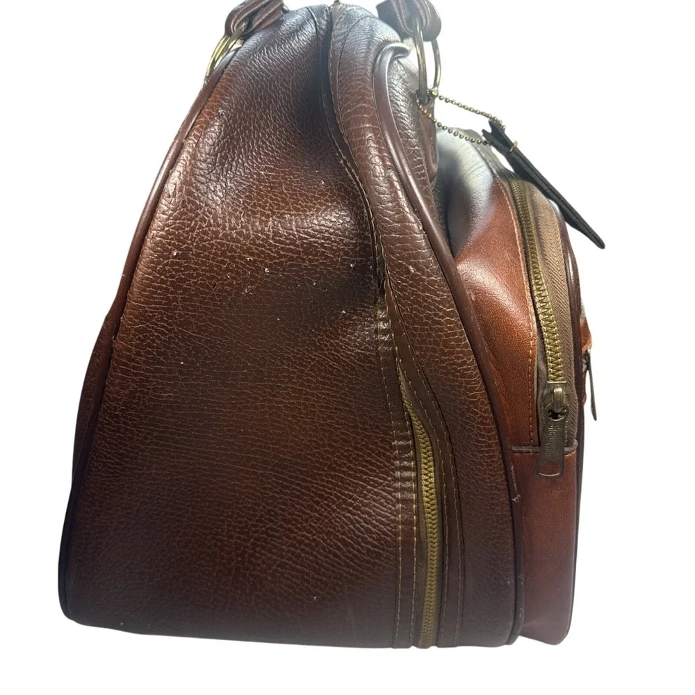 Vintage Retro Ajay Faux Leather Bowling Ball Bag With Scovill Zippers Brown